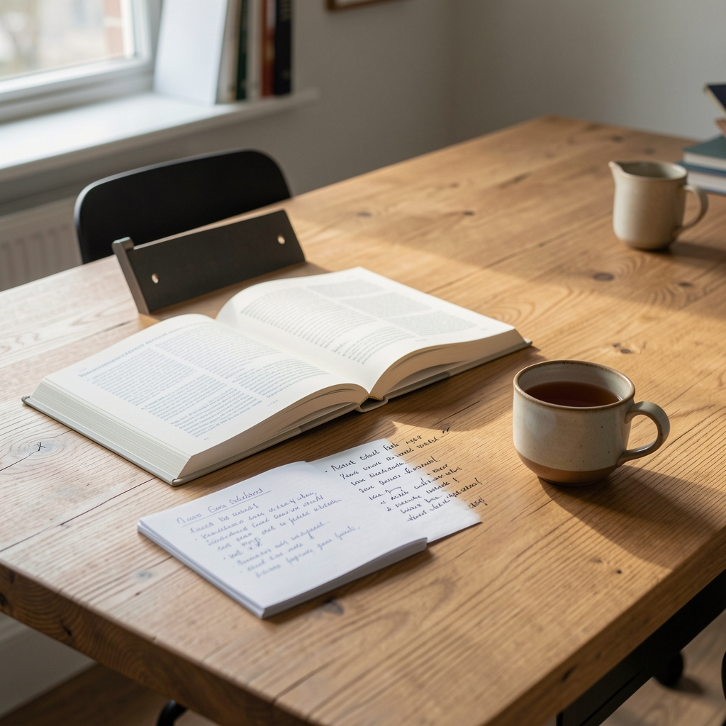 Editorial workspace with a broad oak desk, open reference books, handwritten notes on food research and a ceramic cup of tea in soft daylight