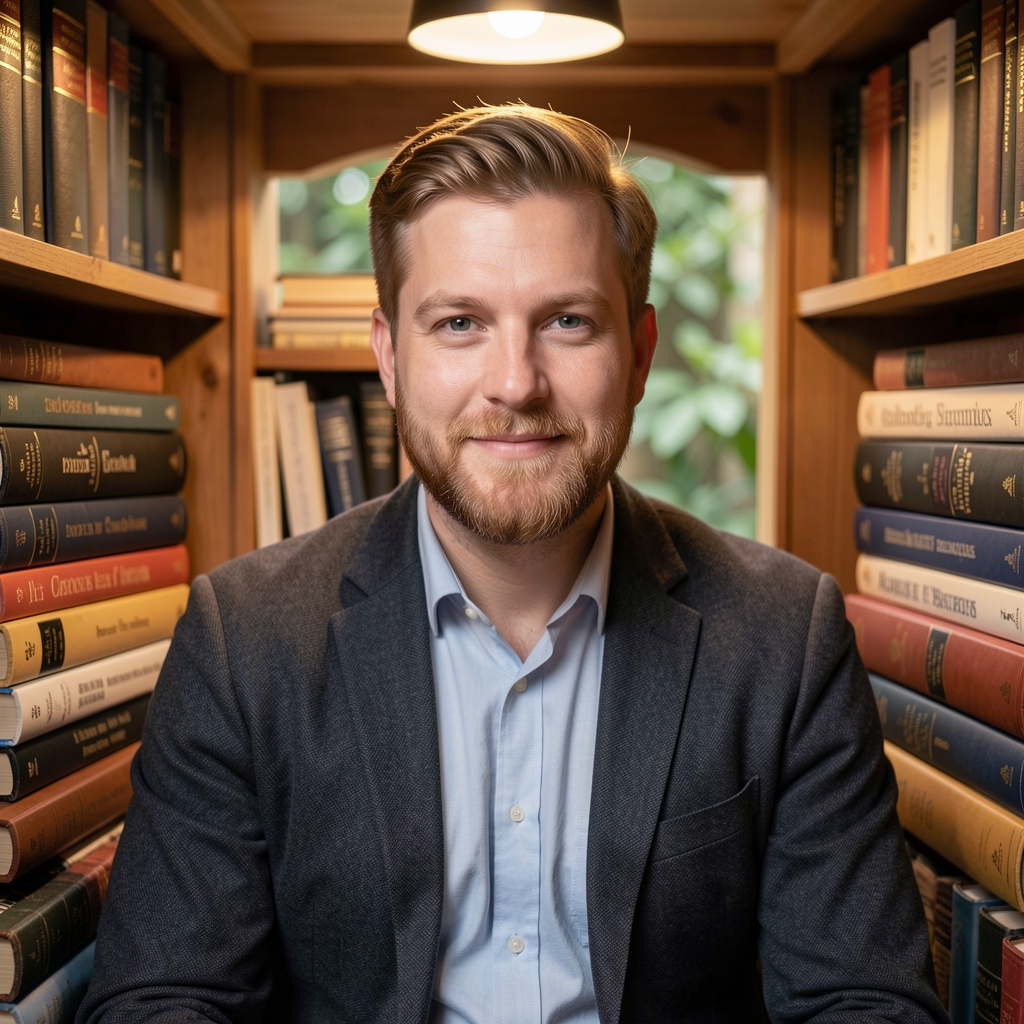 Portrait of Tobias Ashcroft, contributing editor of Reldarin Gazette, reading in a chair surrounded by reference books on nutrition science