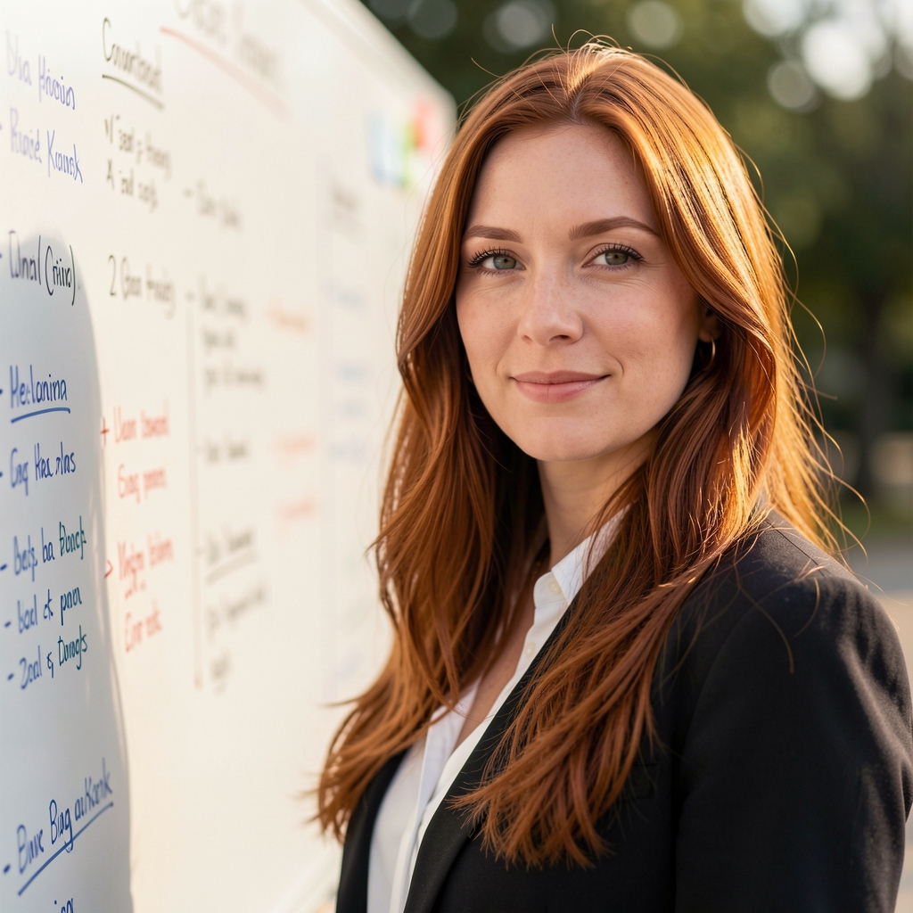 Portrait of a woman with long auburn hair at a bright whiteboard covered in research notes, afternoon light