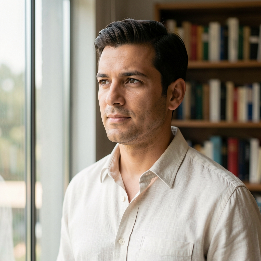 Portrait of a man in a linen shirt looking out a tall window, soft diffused light, bookshelves behind
