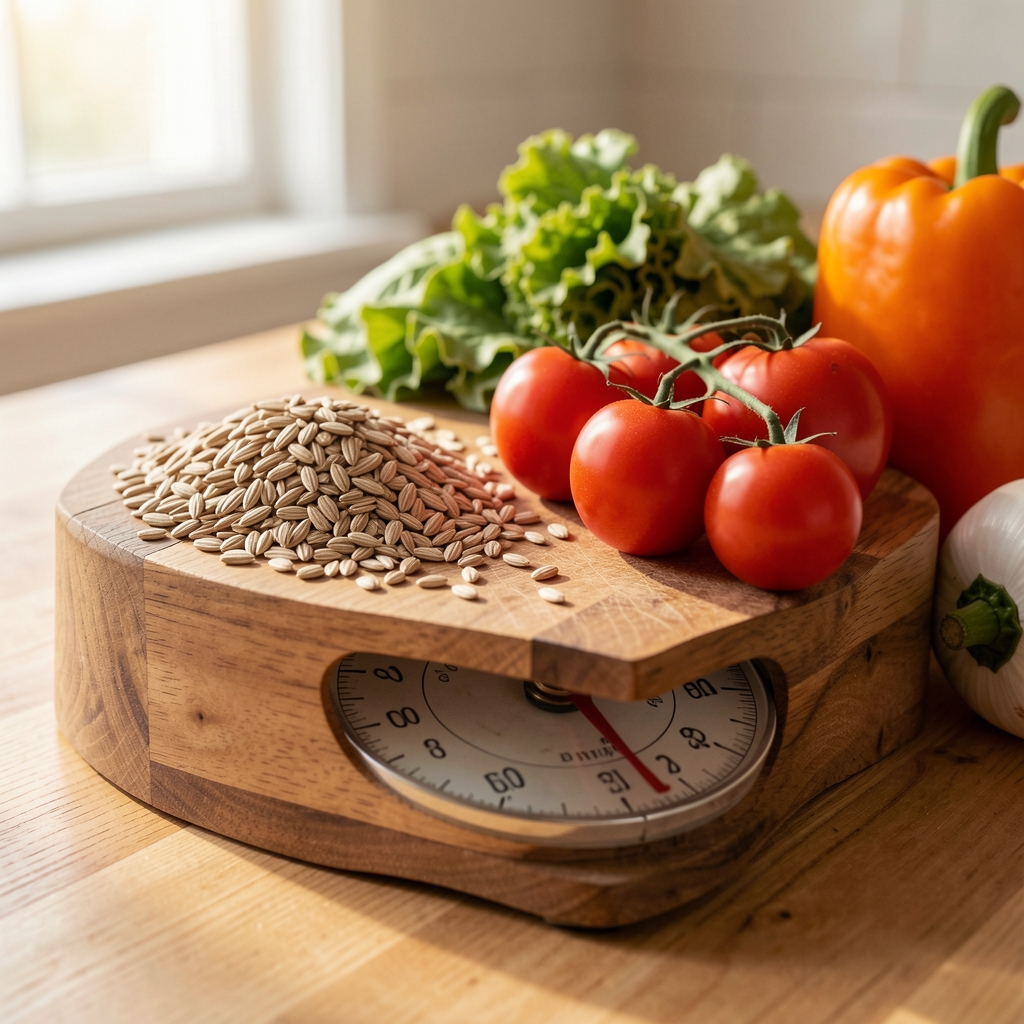 Close-up of a wooden kitchen scale with whole grains on one side and fresh vegetables on the other, soft natural morning light