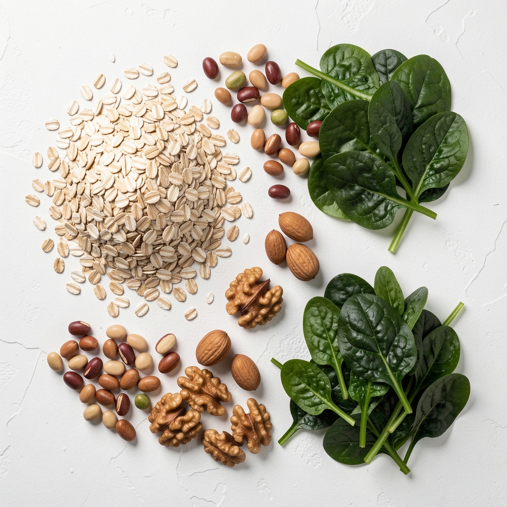 A flat-lay arrangement of high-fibre whole foods including oats, legumes, walnuts and dark leafy greens on a white textured surface under studio lighting