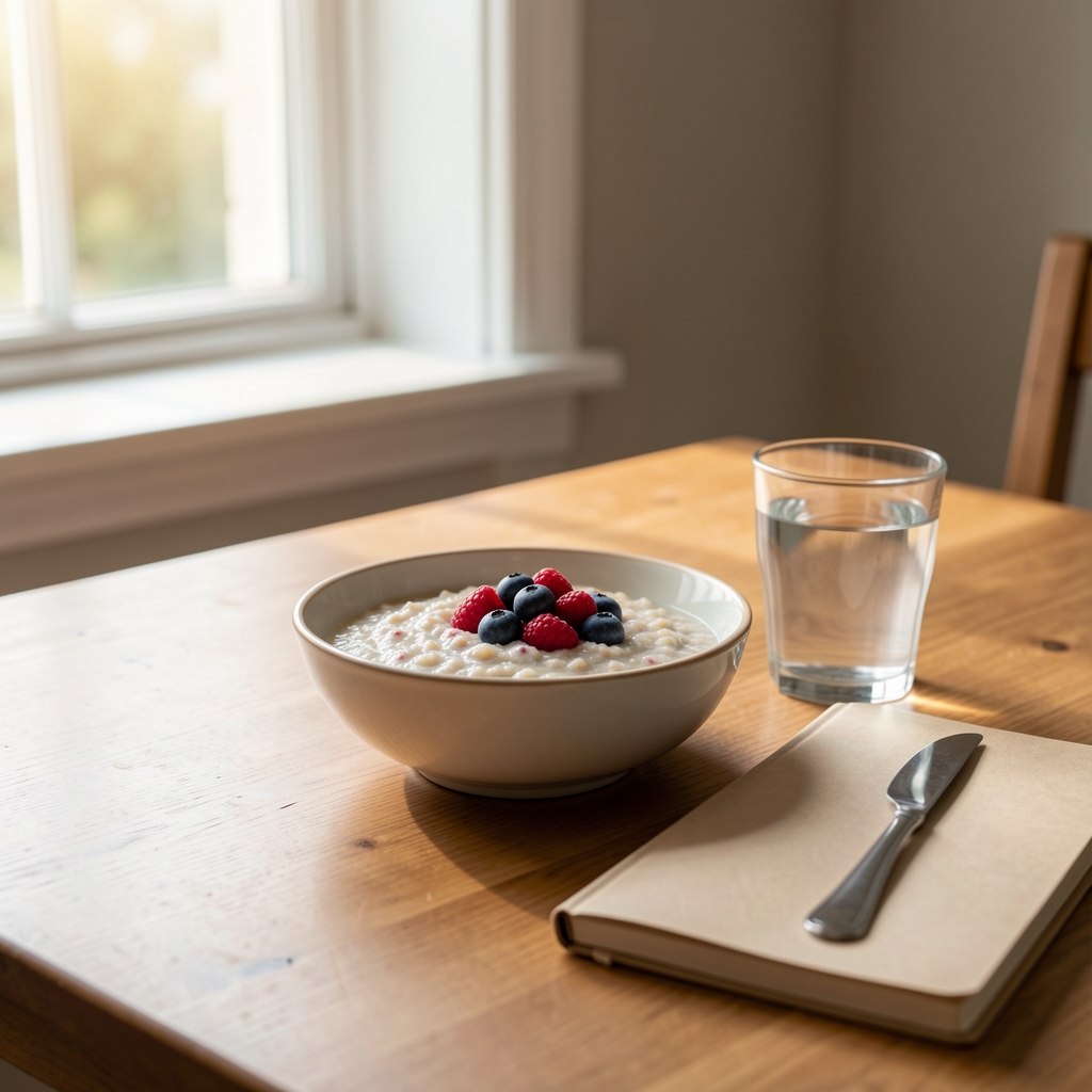 A calm breakfast table with a bowl of porridge topped with berries, a glass of water, and a notebook beside it, morning light through a window