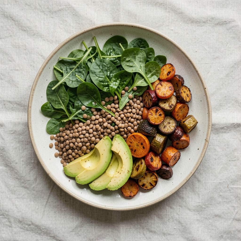 Overhead view of a neatly arranged whole-food meal on a pale linen cloth — leafy greens, lentils, sliced avocado and roasted vegetables on a ceramic plate