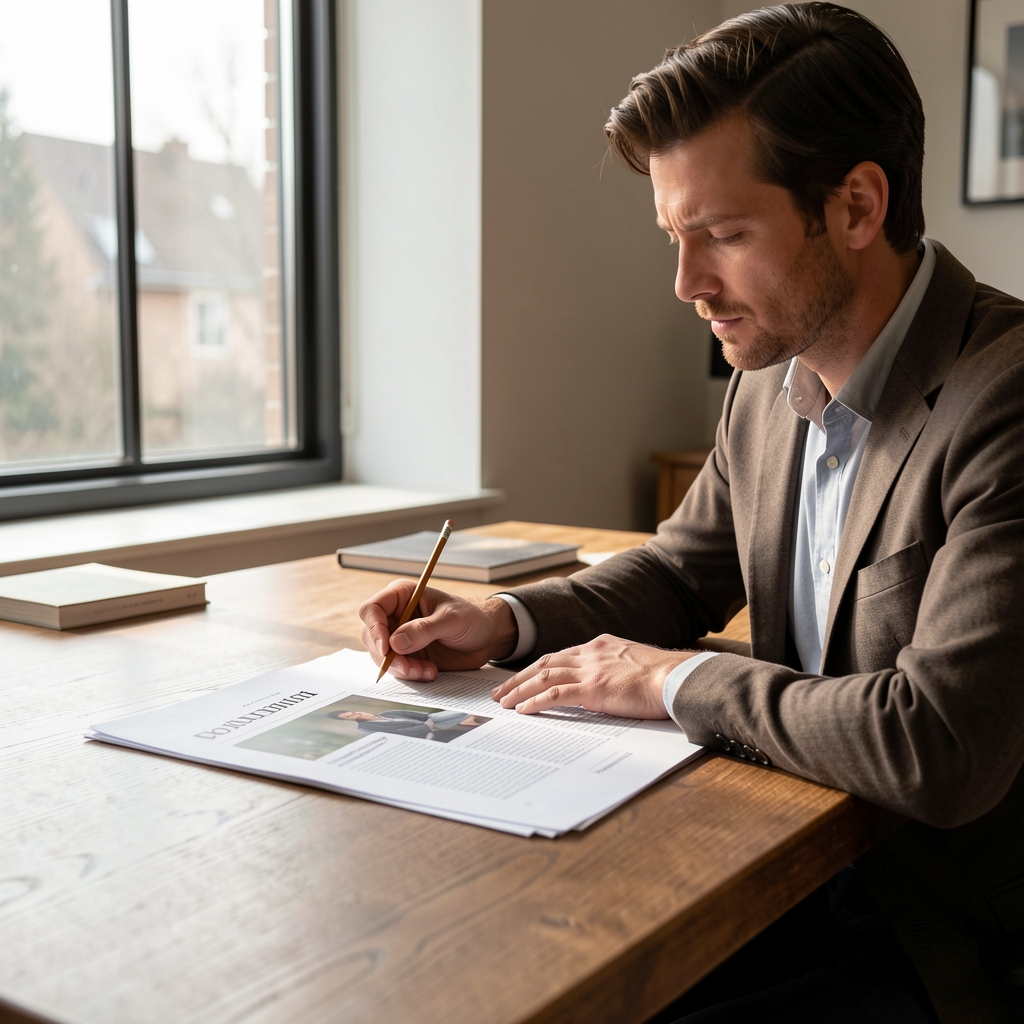 Editor reviewing printed article pages on a large desk with a pencil in hand, natural afternoon light from a tall window