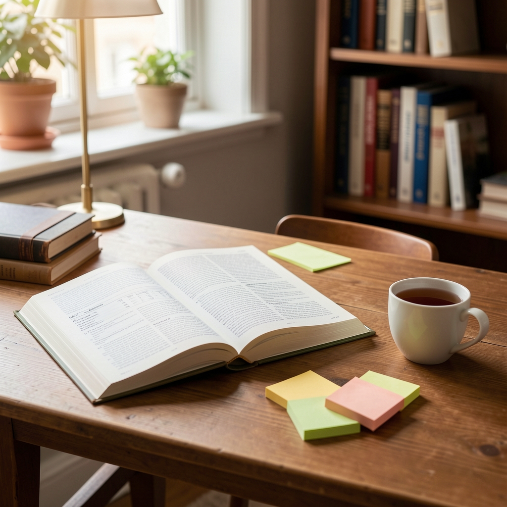 Open nutritional reference volumes on a reading table with sticky notes and a cup of tea beside them in a well-lit study