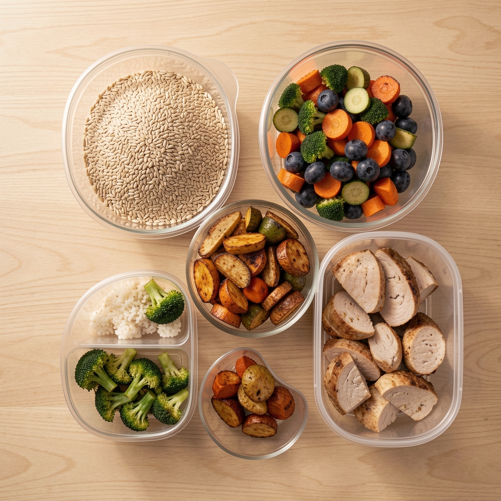 A meal prep layout on a clean wooden table with portioned containers of whole grains, roasted vegetables, and protein sources, viewed from above in bright natural light