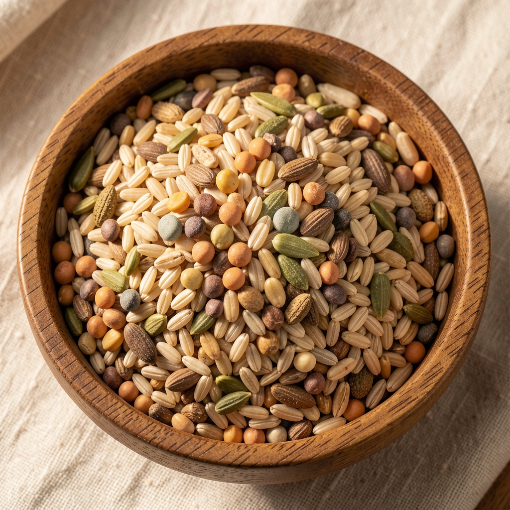 A close-up of a wooden bowl filled with mixed whole grains, pulses and seeds, viewed from above on a light linen surface with warm directional studio lighting