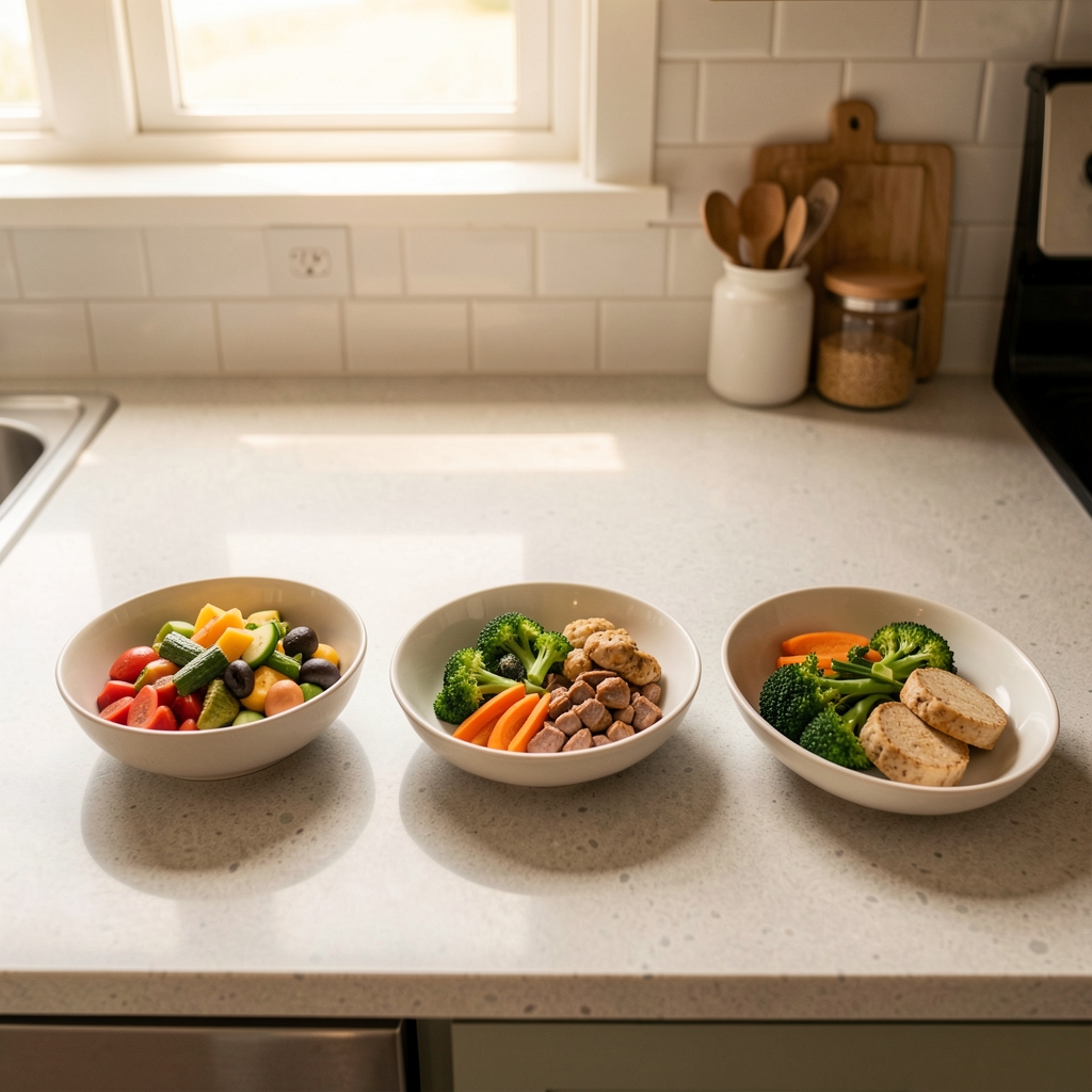 A neat kitchen counter with a simple meal prep arrangement showing three separate portioned dishes for the day, viewed in warm natural light from above